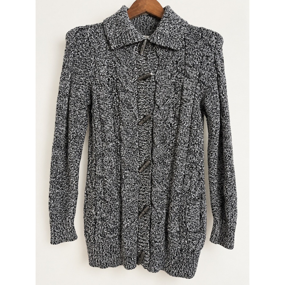 L.L.Bean Women's S Black White Marled Cable Knit Toggle Cardigan 100% Cotton